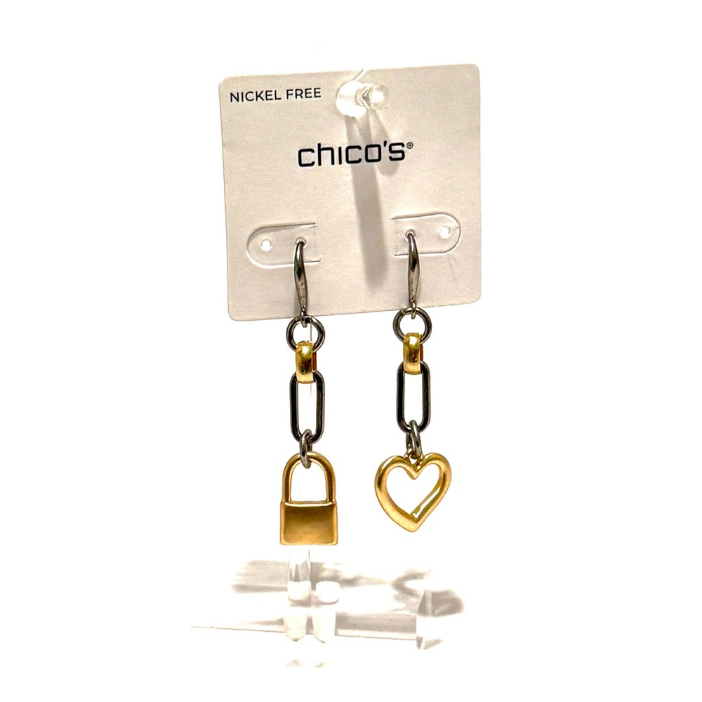 CHICO'S Silver Gold Lock Heart Dangle Earrings NWT